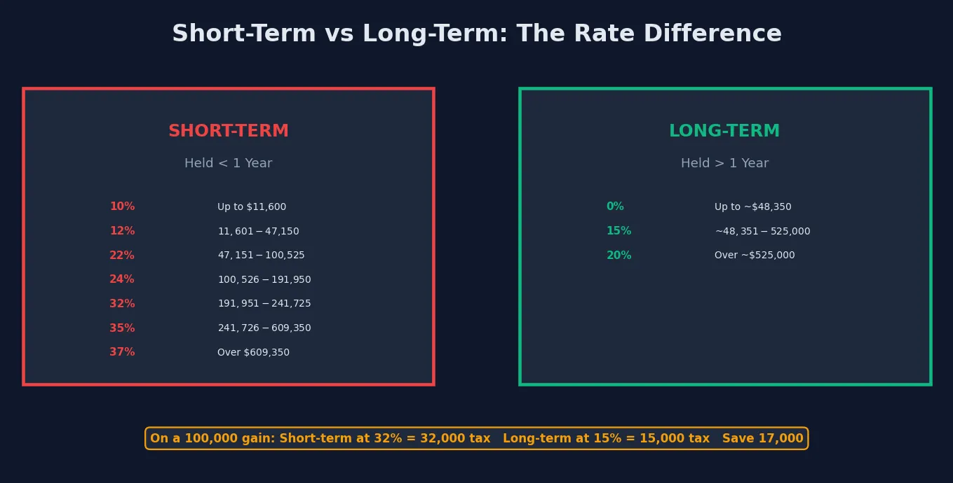 Rate Difference Between Short-Term and Long-Term Gains Short-term vs long-term capital gains rates comparison